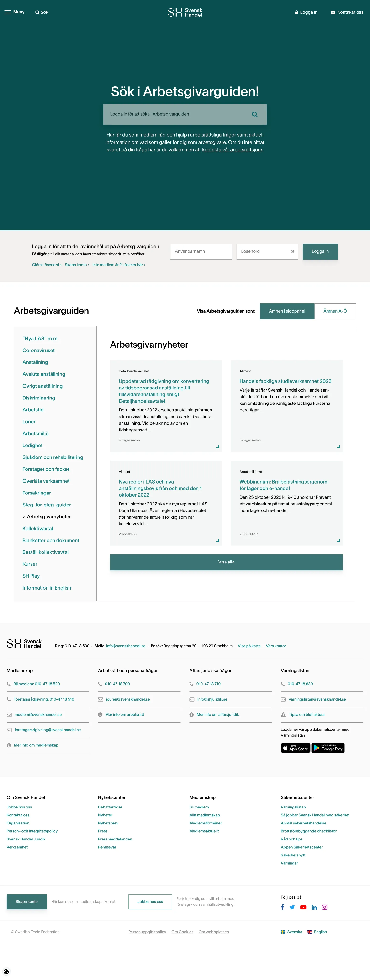 The old Arbetsgivarguiden page: a dark green header, a search box and a long list of links