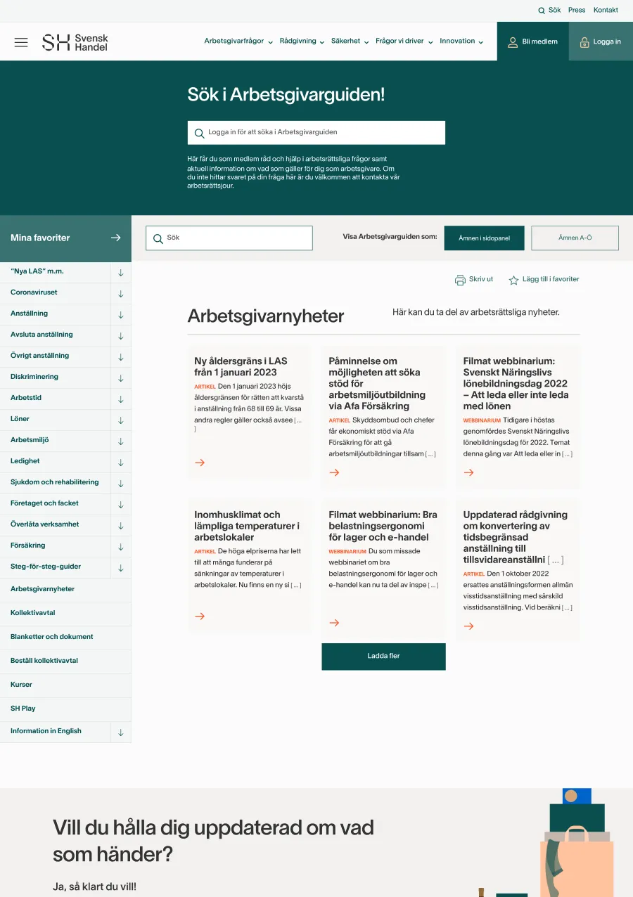 The redesigned Arbetsgivarguiden page: a clear header, search, and six topic cards