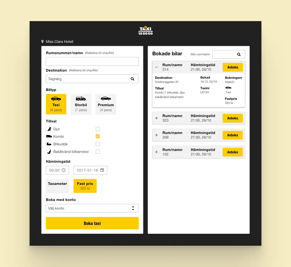 The booking assistant screen for Miss Clara Hotel: a booking form beside a list of booked cars