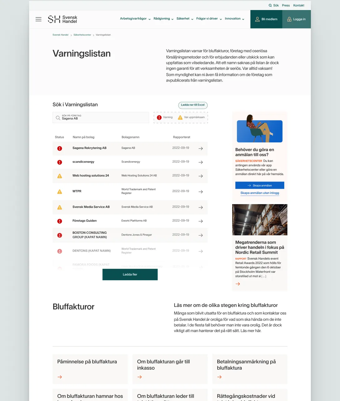 The redesigned Varningslistan page: a short introduction, filters and a scannable list