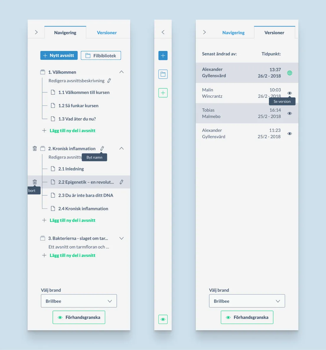 Three menu states from the course tool: expanded, collapsed and hover