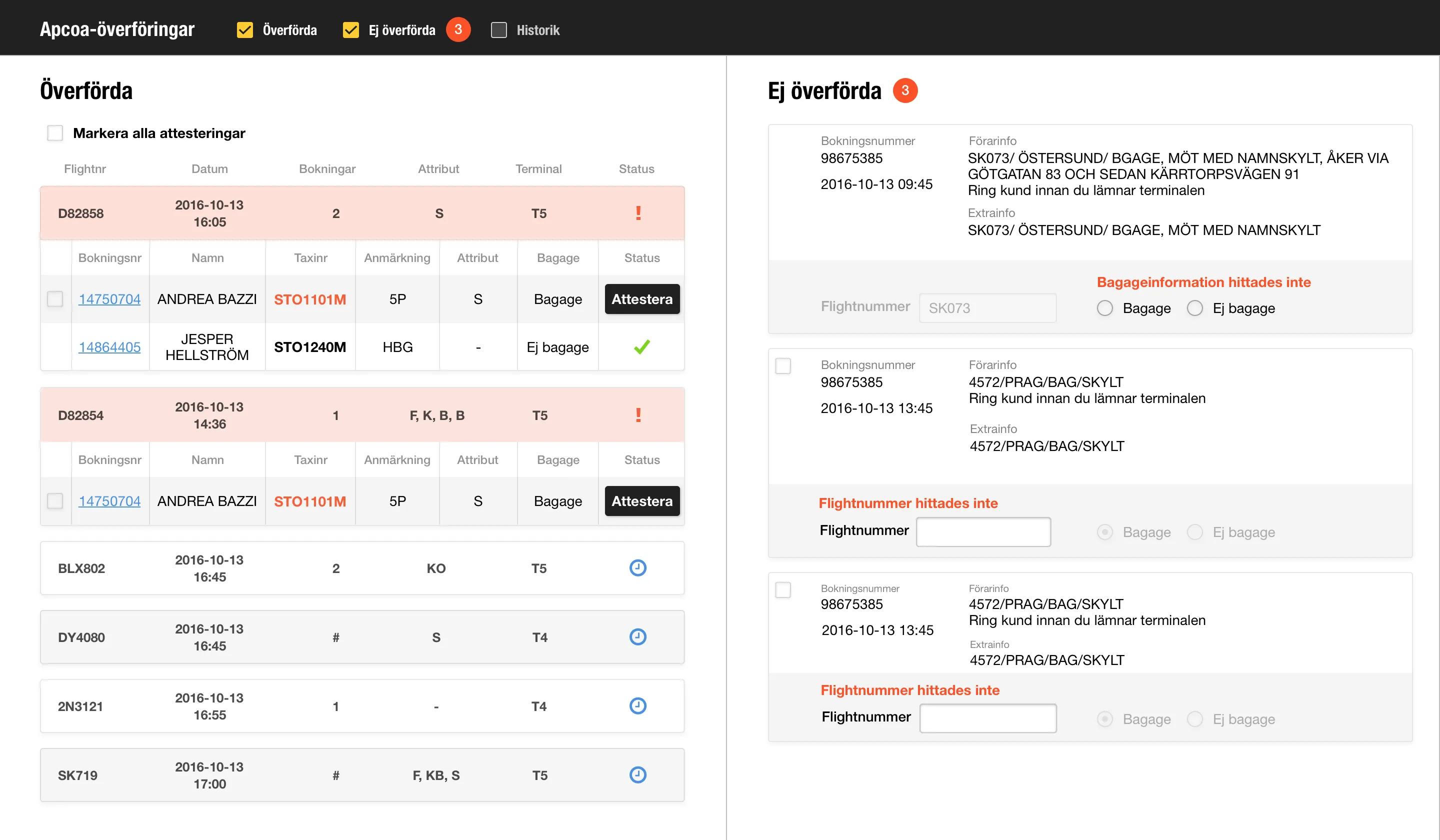 The Arlanda booking system’s main view with the day’s journeys listed