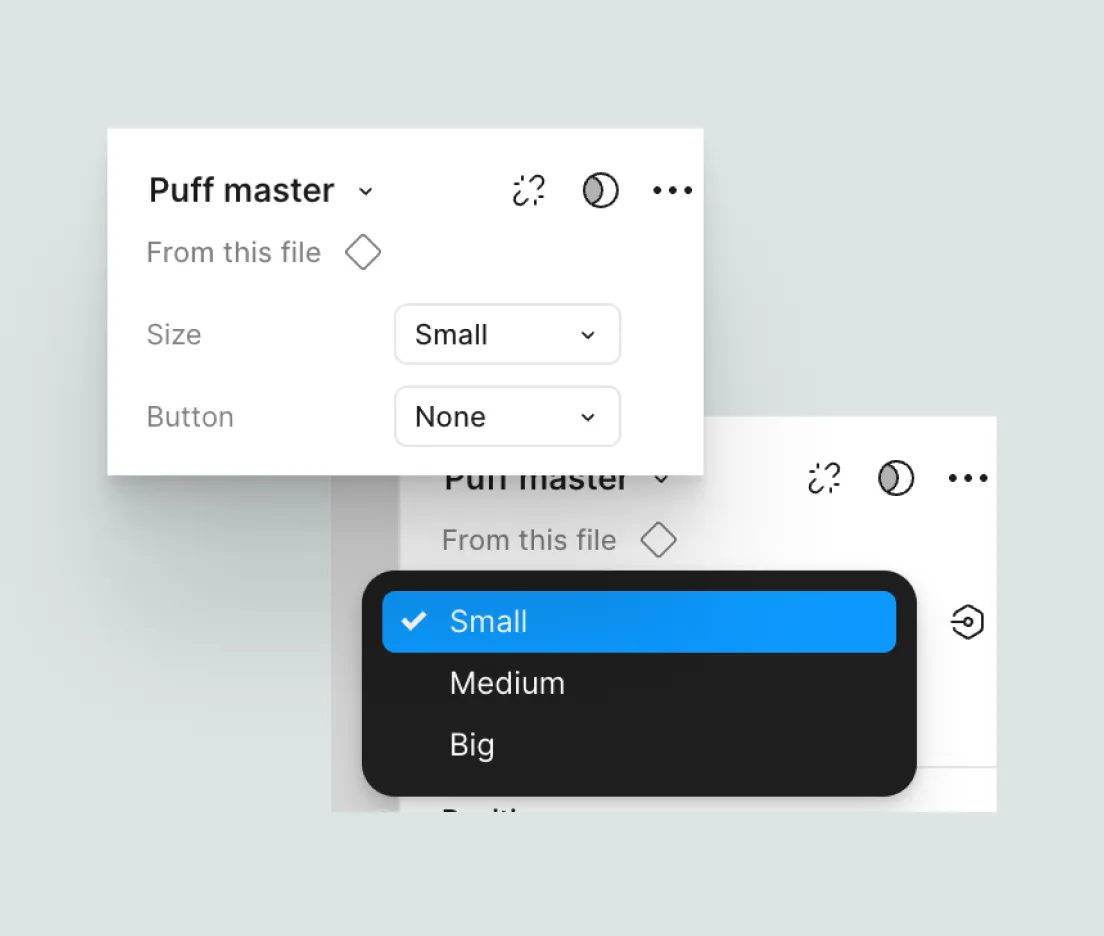 The card component’s Figma variant properties: size, image and label options