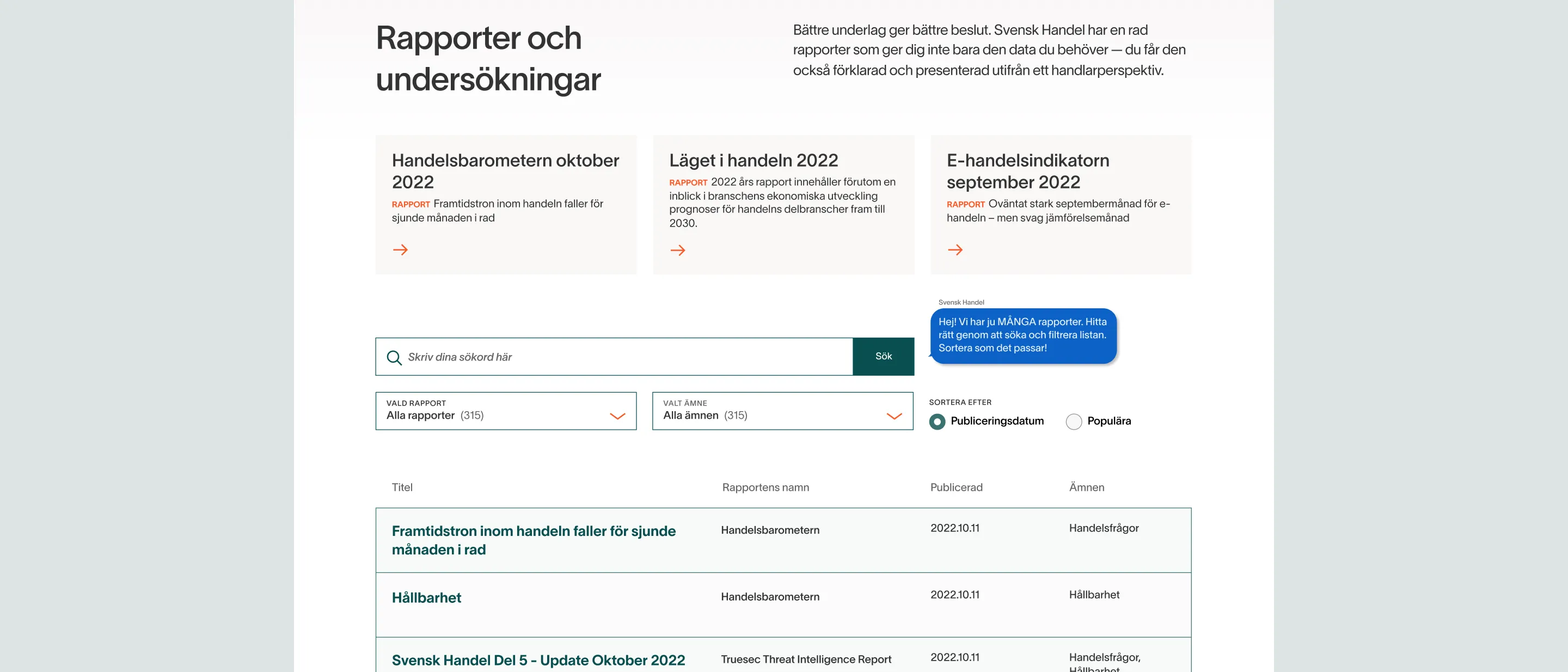 The new reports and surveys listing page with a search field, filters and a results table